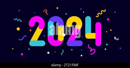 2024. Grußkarte für das glückliche neue Jahr, Banner, Poster und Aufkleber, geometrischer Feiertagsstil mit Text 2024. Briefkarte mit Weihnachtskonfetti, Einladungskarte 2024, Webbanner. Vektorabbildung Stock Vektor