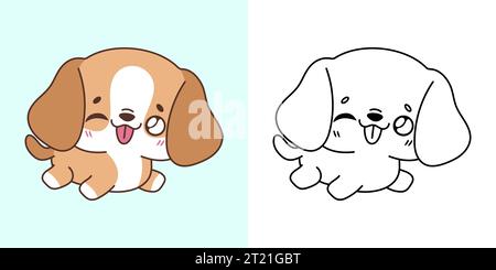 Kawaii Clipart Beagle Dog Illustration und für Ausmalseite. Lustiges Kawaii-Hündchen. Stock Vektor