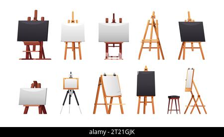 Staffelei Kollektion. Tafelrahmen, leeres Leinwandbrett für Künstlermalerei, Mockup für Studiostudios. Vektorsatz Stock Vektor