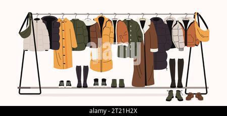 Winterkleidung auf Regalen. Modische Outfits für Herren und Damen für Herbst und Frühling, trendiges modisches Geschäft mit vielen Accessoires. Vektor-Cartoon Stock Vektor