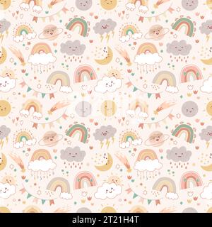 Niedliches, nahtloses Regenbogenmuster. Kinderzimmer-Print im Boho-Stil. Wiederholte Babyelemente. Lächelnde Sonne und Mond. Regenwolke. Stern und Planet. Comic lustig Stock Vektor