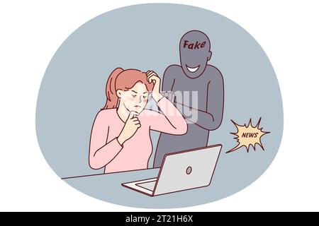 Verwirrte Frau, die auf den Computerbildschirm schaut und Fake News online liest. Frustrierte Frauen verwenden Laptop besorgt über die Benachrichtigung im Internet. Propaganda und Medienmanipulation. Stock Vektor