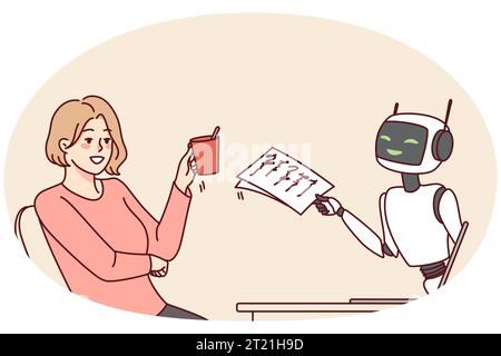 Lächelnde Frau im Gespräch mit virtuellen Assistenten am Computer. Mädchen haben Gespräch mit digitalen bot auf Laptop. Neue Technologien und Kommunikation. Vektorgrafik. Stock Vektor