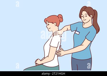 Eine Physiotherapeutin gibt dem Patienten eine Massage, um Schulter- oder Rückenschmerzen nach fehlgeschlagenem Training zu lindern. Mädchen arbeitet als Physiotherapeutin und beschäftigt sich mit Chiropraktik und hilft Menschen mit kranker Wirbelsäule Stock Vektor