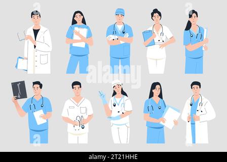 Arztporträts. Cartoon Ärzte in blau-weiß Uniform und mit Stethoskopen, medizinische Klinikärzte Zeug. Vektorsatz Stock Vektor