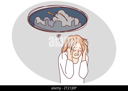 Unglückliche Frau sorgte sich um die Bombenanschläge in der Stadt. Ungesund gestresste Frauen denken an einen Kriegsangriff in der Stadt. Vektorgrafik. Stock Vektor