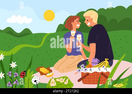 Liebendes Paar auf Picknick. Mann und Mädchen trinken Weißwein in der Natur. Menschen verbringen Zeit miteinander. Romantisches Abendessen im Park. Korb für Lebensmittel. Wiese Stock Vektor
