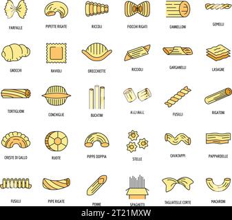 Makkaroni Pasta Spaghetti Nudeln Icons Set. Umrissillustration von 30 Makkaroni Nudeln Spaghetti Nudeln Vektor Icons dünne Linie Farbe flach auf weiß Stock Vektor