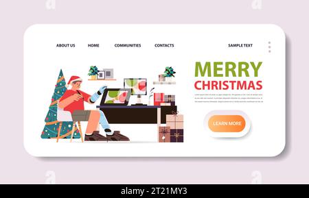 Behinderter Mann im weihnachtsmann hat Grafikdesigner mit ersetztem Roboterbein und Arm Mann, der an Laptop-Menschen mit Behinderungen arbeitet Stock Vektor
