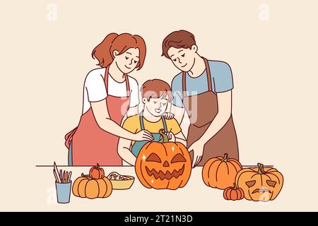 Happy Family macht halloween Kürbisse, um das Haus am 31. oktober zu dekorieren und den Tag der Allerheiligen zu feiern. Junge mit Eltern, in Schürzen gekleidet, schneidet Jack-o-Laternen für halloween aus Stock Vektor