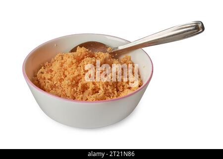 Kokosnuss-Sambol oder -Sambol in weißer Schüssel mit Löffel, beliebte traditionelle und köstliche Würze aus frisch geriebener Kokosnuss gemischt Stockfoto