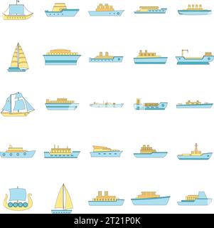 Symbolsatz für die Typen von Seeschiffen. Umrissdarstellung von 25 Vektorsymbolen des Typs eines Seeschiffs, dünne Linie, flach auf weiß Stock Vektor