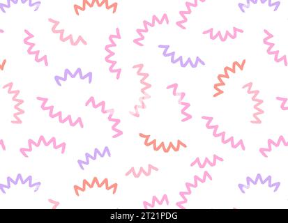 Nahtloses Doodle-Muster mit farbenfrohen abstrakten Schnörkeln und dreieckigen, gewellten Spirallinien. memphis-Style im Retro-Stil der 80er Jahre. Chaotische Tintenpinsel kritzelt. Stock Vektor