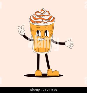 Kaffee-Karamell-frappuccino-Charakter in groovigem Stil. Lustiger Vintage-Kaffee, glasreich. Illustration des Zeichentrickvektors. Stock Vektor