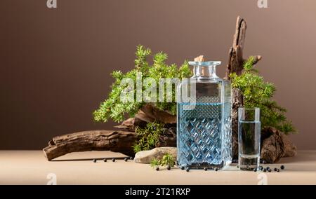 Blauer Gin auf einem Hintergrund von alten Schlangen und wacholderzweigen mit Beeren. Stockfoto