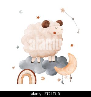 Aquarellfarben für Kinder süße Komposition mit dem Sternzeichen Aries, Widder, Wolke, Sterne, Mond und Sternbild. Zum Drucken, Verpacken, Ansichtskarten, broc Stockfoto