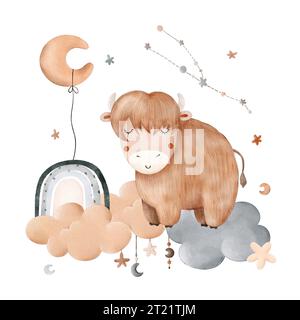 Aquarellfarben für Kinder süße Komposition mit dem Sternzeichen Stier, Stier, Wolke, Sterne, Mond und Sternbild. Zum Drucken, Verpacken, Ansichtskarten, br Stockfoto