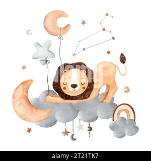 Niedliche Komposition für Kinder mit dem Tierkreiszeichen Leo, Löwe, Wolke, Sterne, Mond und Sternbild. Zum Drucken, Verpacken, Ansichtskarten, Broschen Stockfoto