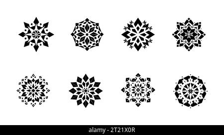 Clip-Art von Schneeflocken. Set aus Ornamenten und Blumenmustern. Silhouetten. Schwarz-weiß-Vektor isoliert auf weiß. Wintermuster. Sammlung von Weihnachten und Neujahr. Set mit grafischen Blumen Stock Vektor