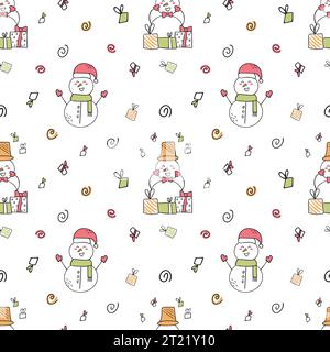 Lustige Schneemänner mit Geschenken. Nahtlose Doodle-Illustration. Für Stoff, Geschenkpapier oder Tapeten. Hallo Winter Stock Vektor