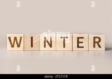 The Word Winter auf Holzwürfeln auf beigefarbenem neutralem Studiohintergrund. Kopierbereich. Geschrieben. Textwörter sind wichtig. Weihnachtsdekoration. Inschrift Glücklich Stockfoto