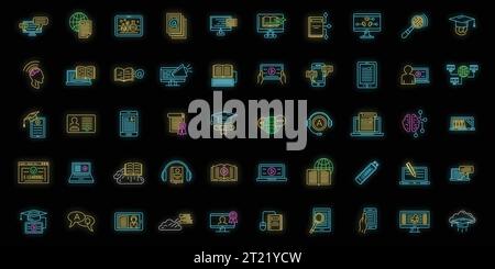 Symbole für E-Learning-Schulungen festgelegt. Umrissdarstellung der Vektorsymbole für E-Learning-Schulungen 50 Neonfarben auf Schwarz Stock Vektor