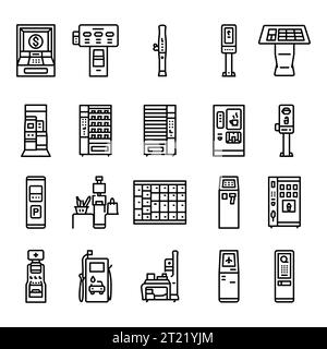 Schwarze Linien-Symbole für Self-Service-Maschinen festgelegt. Piktogramm für Webseite, mobile App, Werbeaktion. Stock Vektor