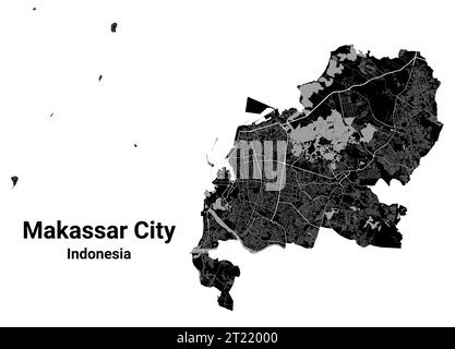 Makassar-Karte. Detaillierte schwarze Karte des Verwaltungsgebiets der Stadt Makassar. Poster mit Blick auf die Metropole. Schwarzes Land mit weißen Straßen und Allee Stock Vektor