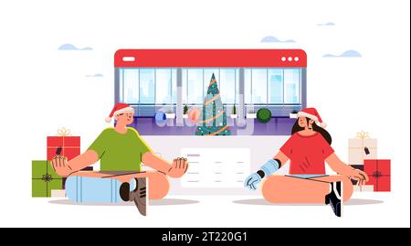 Mann Frau mit ausgetauschten robotischen Implantaten oder Prothesen Körperteile sitzend Lotus posiert behinderte Yogaklasse Wiederherstellung normal funktionierender Menschen mit Stock Vektor