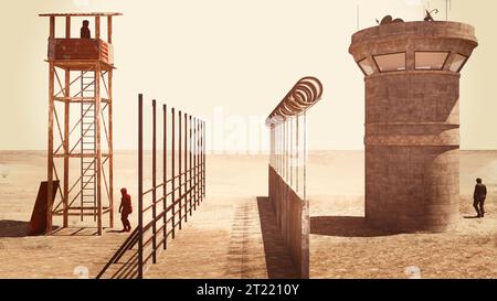 Wachtürme, Grenzlinie zwischen Israel und dem Gazastreifen. Sicherheitsbereich. 3D-Rendering Stockfoto