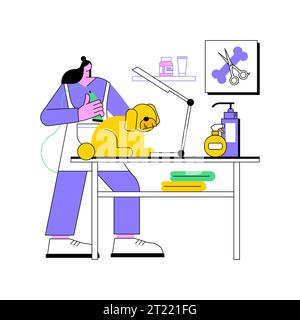 Haustierpflegedienst isolierte Karikaturvektor-Illustrationen. Professioneller Groomer, der Hunde frisiert mit Trockner, Haustier, Haustierpflege Service, Kleinunternehmen, Schönheitssalon Vektor-Cartoon. Stock Vektor