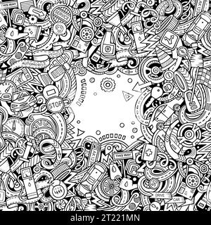 Cartoon niedlichen Kritzeleien Fahrzeug Frame-Karte. Line Art detailliert, mit vielen Objekten Hintergrund. Alle Objekte getrennt. Grenze mit Autos Symbole und Gegenstände Stock Vektor