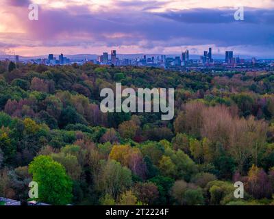 Manchester Skyline aus einem Park in der Nähe Stockfoto