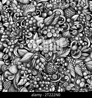 Cartoon Vektor-Kritzeleien auf dem Thema Berry Fruits nahtlose Muster enthält eine Vielzahl von Beeren Objekte und Symbole. Skurril verspielter Schwarzweiß Stock Vektor