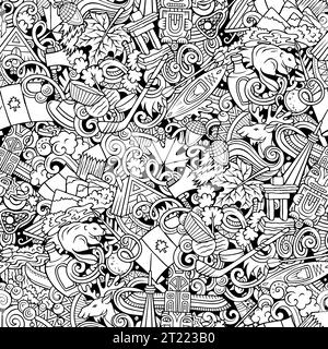 Skizzenhaftes Comic-Doodle-Muster mit einer Vielzahl von kanadischen Objekten und Symbolen, einschließlich Ahornblatt, Biber, Elch, Hockeyschläger, und Schnee. P Stock Vektor