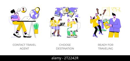 Tour Agentur isolierte Cartoon Vektor Illustrationen Set. Kontaktieren Sie Reiseveranstalter per Telefon, verkaufen Sie alle inkludierten Urlaub, Paare wählen Ziel für Urlaub, bereit für Reisen Vektor-Cartoon. Stock Vektor