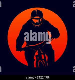 Mountainbiker mit Helm und Brille, Vorderansicht. Logo für Fahrradfahrer. MTB, Downhill, Enduro-Bike. Vektorabbildung. Stock Vektor