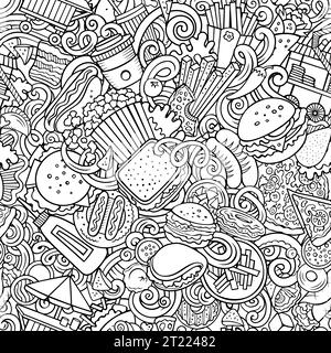 Das nahtlose Kritzelmuster in Cartoon zeigt eine Vielzahl von Fastfood-Objekten und -Symbolen. Skurriler, verspielter Hintergrund für Junk Food zum Aufdrucken auf Stoff Stock Vektor