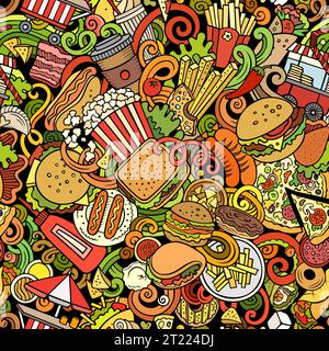 Das nahtlose Cartoon-Doodle-Muster zeigt eine Vielzahl von Fastfood-Objekten und -Symbolen. Skurriler verspielter Junk Food bunter Hintergrund für Druck auf dem Bildschirm Stock Vektor