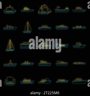 Symbolsatz für die Typen von Seeschiffen. Umrissdarstellung von 25 Vektorsymbolen des Schiffstyps Neonfarbe auf Schwarz Stock Vektor