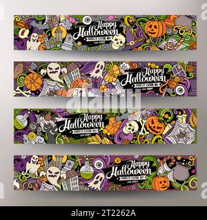 Cartoon niedlichen bunten Vektor Hand gezeichnet Kritzeleien Halloween Corporate Identity. 4 horizontale Banner Design. Vorlagen festgelegt. Alle Objekte getrennt Stock Vektor