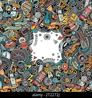 Cartoon niedlichen Kritzeleien Fahrzeug Rahmen. Grenze mit Autos Symbole und Gegenstände Stock Vektor