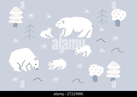 Set aus niedlichen Eisbären Müttern und Kindern mit Bäumen Stock Vektor