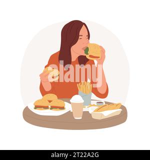 Binge Eating isolierte Karikaturvektor-Illustration. Mädchen mit Obsession mit Essen, Teenager mit Essstörung und psychischen Problemen, Teenager mit Binge-Eating-Problem-Vektor-Cartoon. Stock Vektor