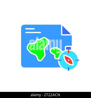 Symbol „Karte mit Kompasslinie umreißen“. Geografie, Studium, Wissenschaft, Kontinent, Land, Welt, Geolocation. Vektorfarbsymbol auf weißem Hintergrund für Busin Stock Vektor