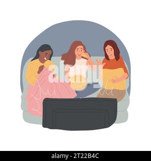 Horrorfilm isolierte Karikaturvektor-Illustration. Verängstigte Teenager-Freunde sehen gemeinsam Horrorfilm, Home Entertainment, Teenager Freizeit, TV-Film und -Serie, TV-Vektor-Cartoon. Stock Vektor