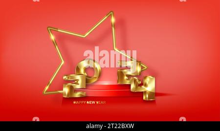 2024 goldene 3D-Zahlen, Happy New Year-Banner mit goldenem Sternrahmen in 3D-Plattform-Studio-Display. Modischer Fußboden. Präsentation der Luxusbühne Stock Vektor