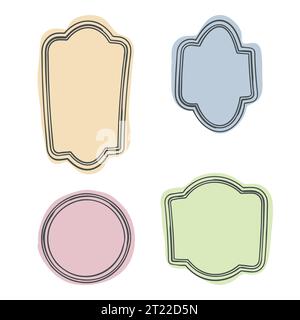 Comic-Rahmen, Rahmenbesatz. Handgezeichneter Pinsel mit Tintenflecken, Farbkonturen und Füllungen, pastellfarbene Farbpalette. Kreiskranz, quadratische geometrische Formen Stock Vektor