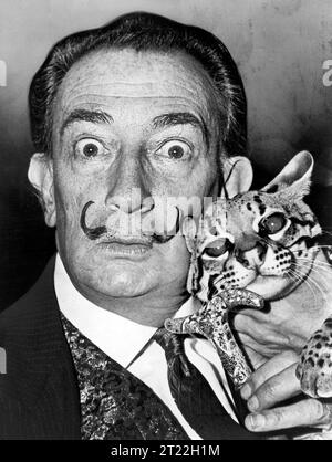 Salvatore Dali, Kopf- und Schulterporträt mit seinem Ozelot Babou, St. Regis Hotel, New York City, New York, USA, Roger Higgins, New York World-Telegram and the Sun Newspaper Photograph Collection, 1965 Stockfoto