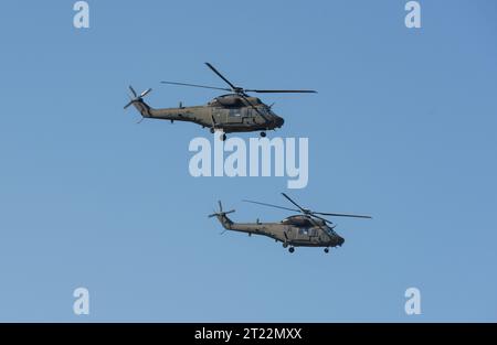 Seongnam, Südkorea. Oktober 2023. Südkoreas Korean Utility Helicopter (KUH-1) veranstaltete eine Luftdemonstration während eines Media Day-Events für die Seoul International Aerospace and Defense Exhibition (ADEX) 2023 auf dem Seoul Air Base in Seongnam, südlich von Seoul. Die Organisatoren gaben bekannt, dass die Seoul International Aerospace and Defense Exhibition (ADEX) 2023 vom 17. Bis 22. Oktober auf dem Luftwaffenstützpunkt Seoul in Seongnam eröffnet wird und 550 Unternehmen aus 35 Ländern teilnehmen werden. Quelle: SOPA Images Limited/Alamy Live News Stockfoto